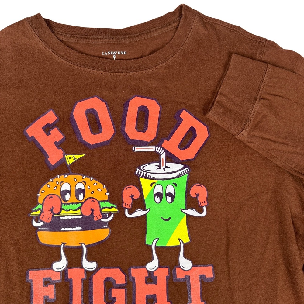 Lands' End TShirt Youth Size Large (14-16) Brown Food Fight Long Sleeve Graphic